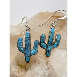 Navajo OP Offina Pino Sterling Silver 925 Turquoise Opal Inlay Cactus Earrings